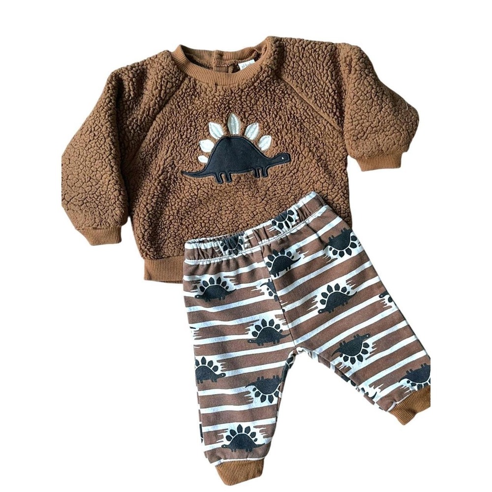 pl baby Dinosaur Sherpa Sweatshirt and Pants Set Baby Boy 6m Brown Fleece